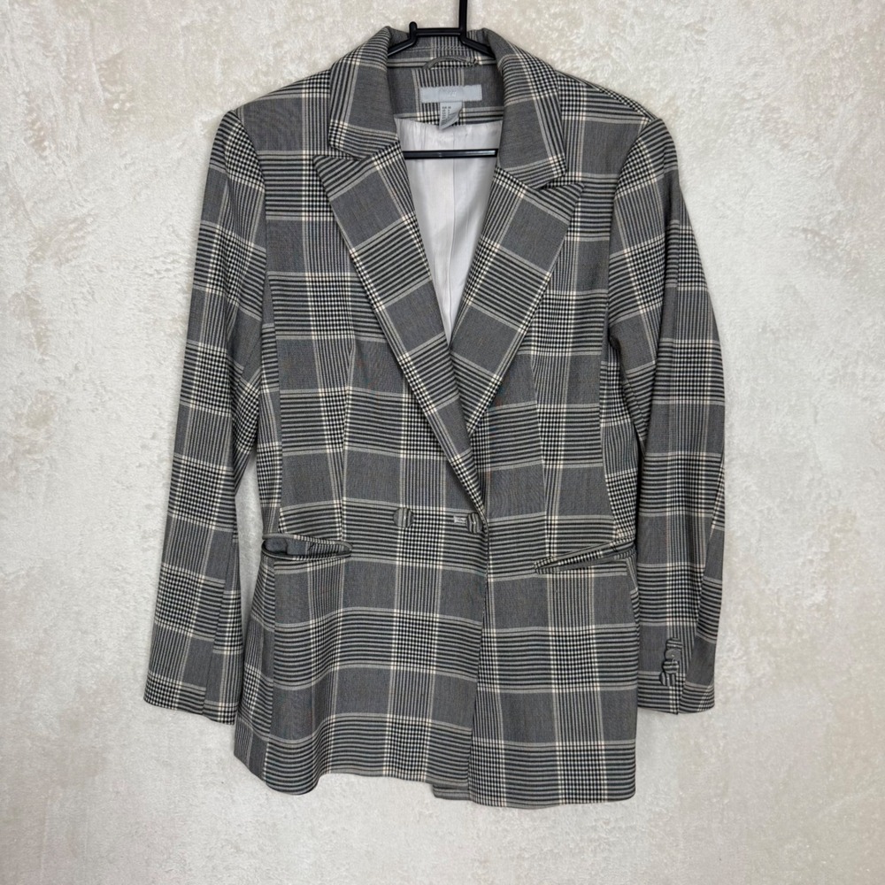HM Womens Grey‎ Glen Plaid Double Breasted Blazer Size 6 Old Money Quiet Luxury